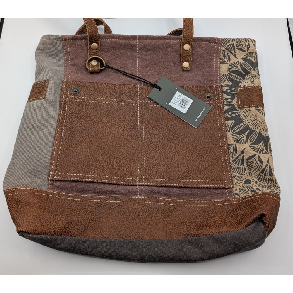 Myra Bag Upcycled Canvas Leather Patchwork Tote Bag Brown Grey Floral NWT - Picture 4 of 6